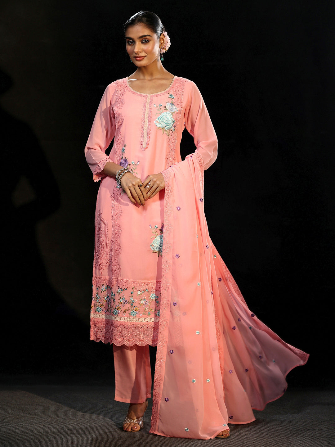 Libas Baby Pink Floral Embroidered Georgette Straight Suit Set