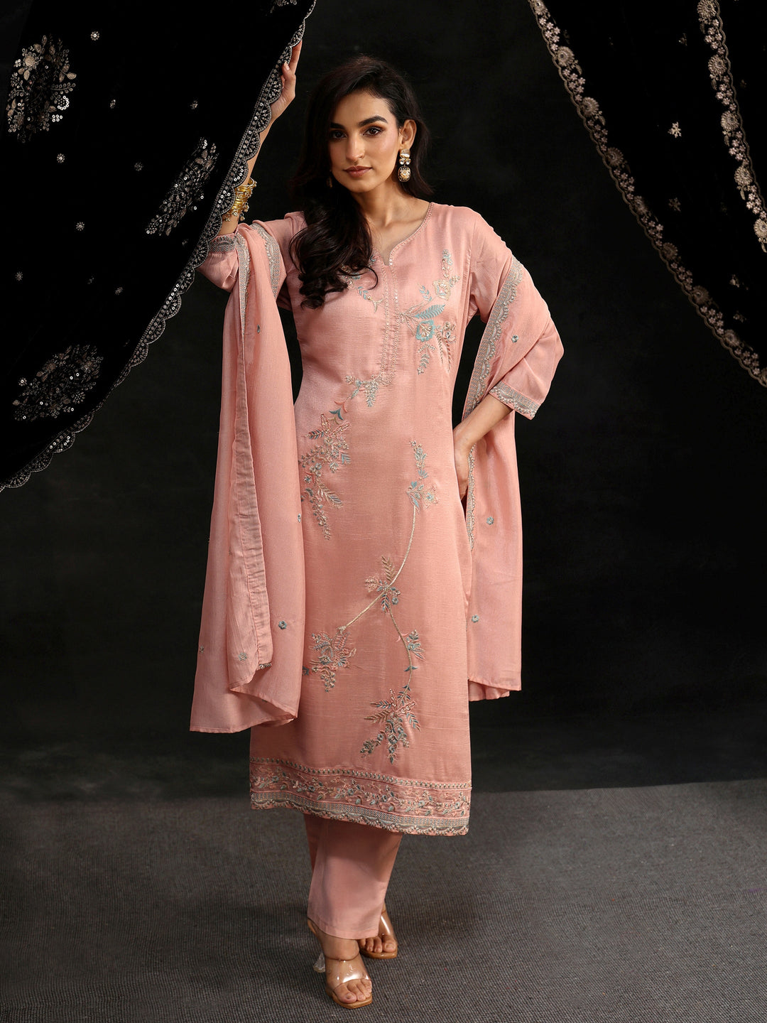 Libas Baby Pink Floral Embroidered Silk Blend Straight Suit Set