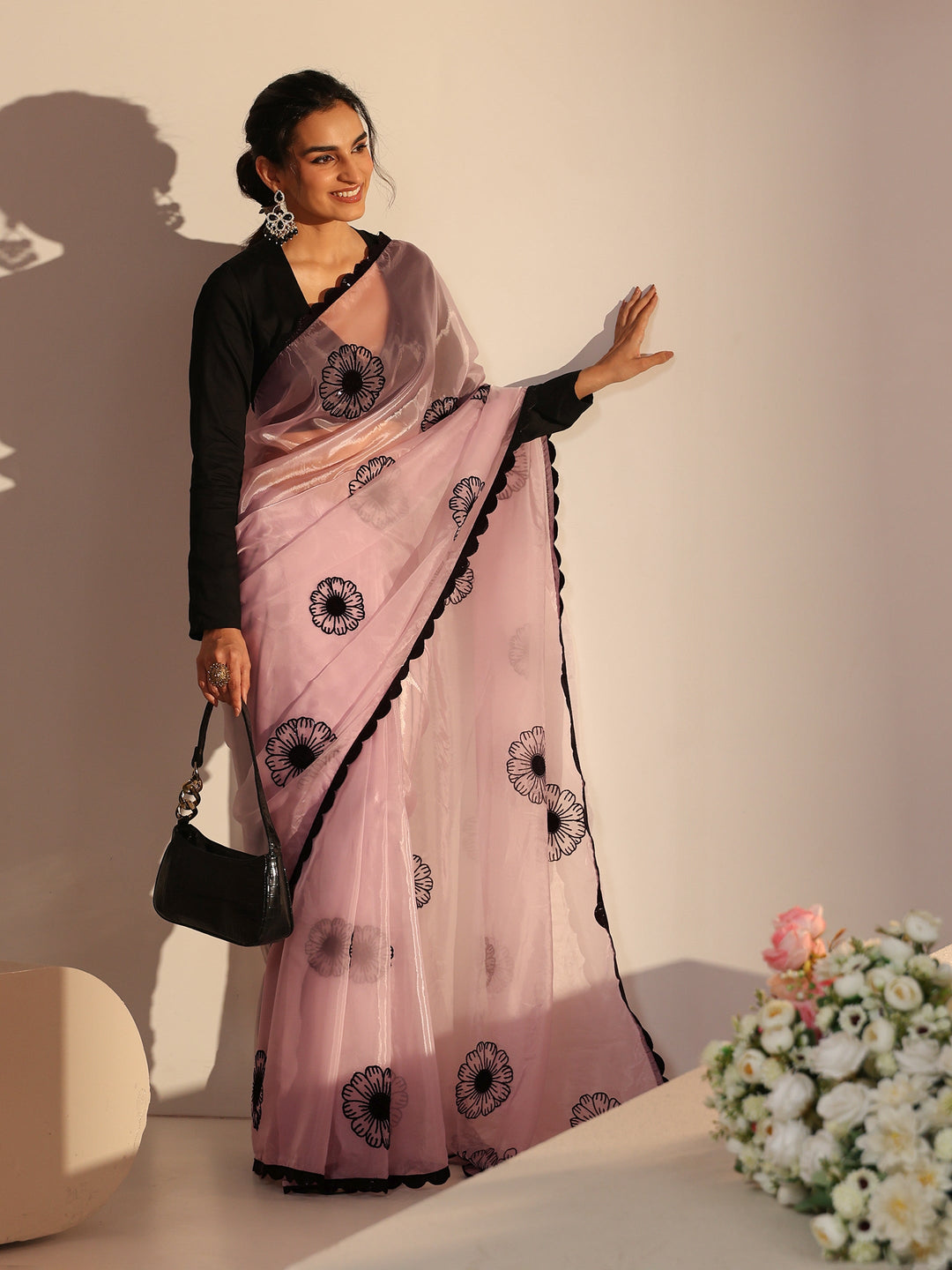 Libas Baby Pink Floral Embroidered Tissue Saree with Scalloped Border
