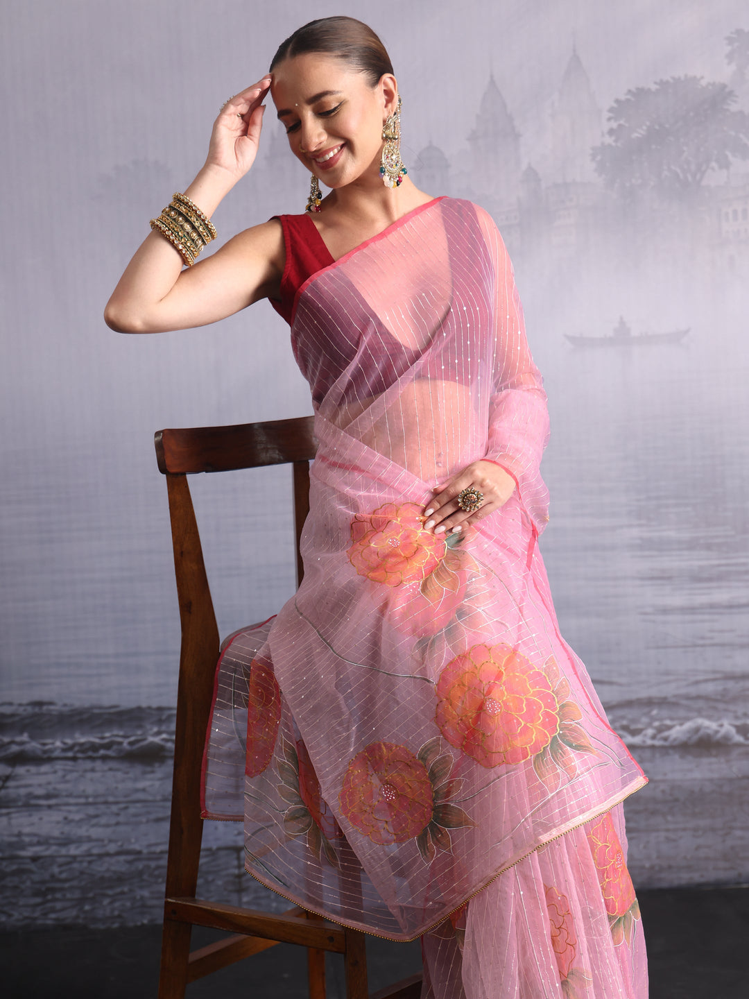 Libas Baby Pink Floral Printed Sequined Silk Blend Saree