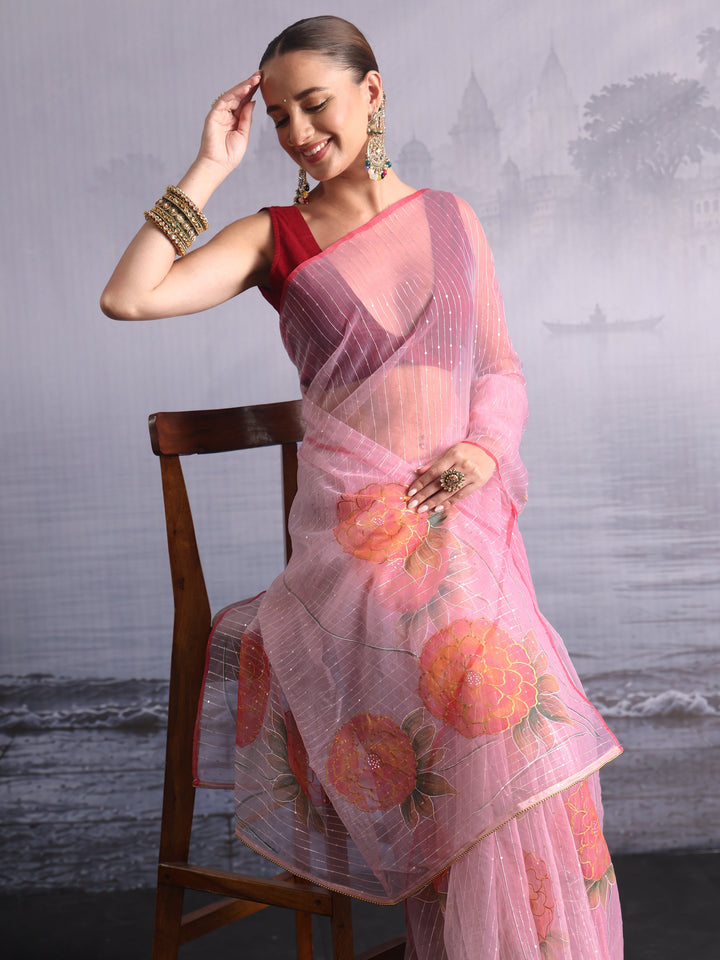 Libas Baby Pink Floral Printed Sequined Silk Blend Saree