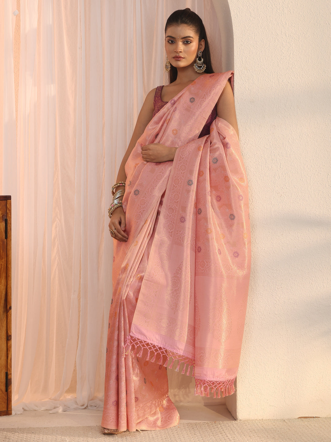 Libas Baby Pink Floral Woven Design Silk Blend Saree