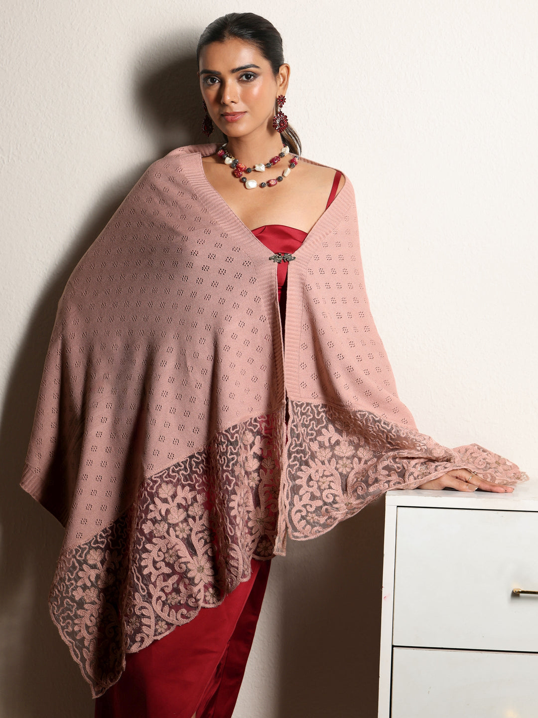 Libas Baby Pink Knitted Acrylic Wrap Shawl with Lace Border