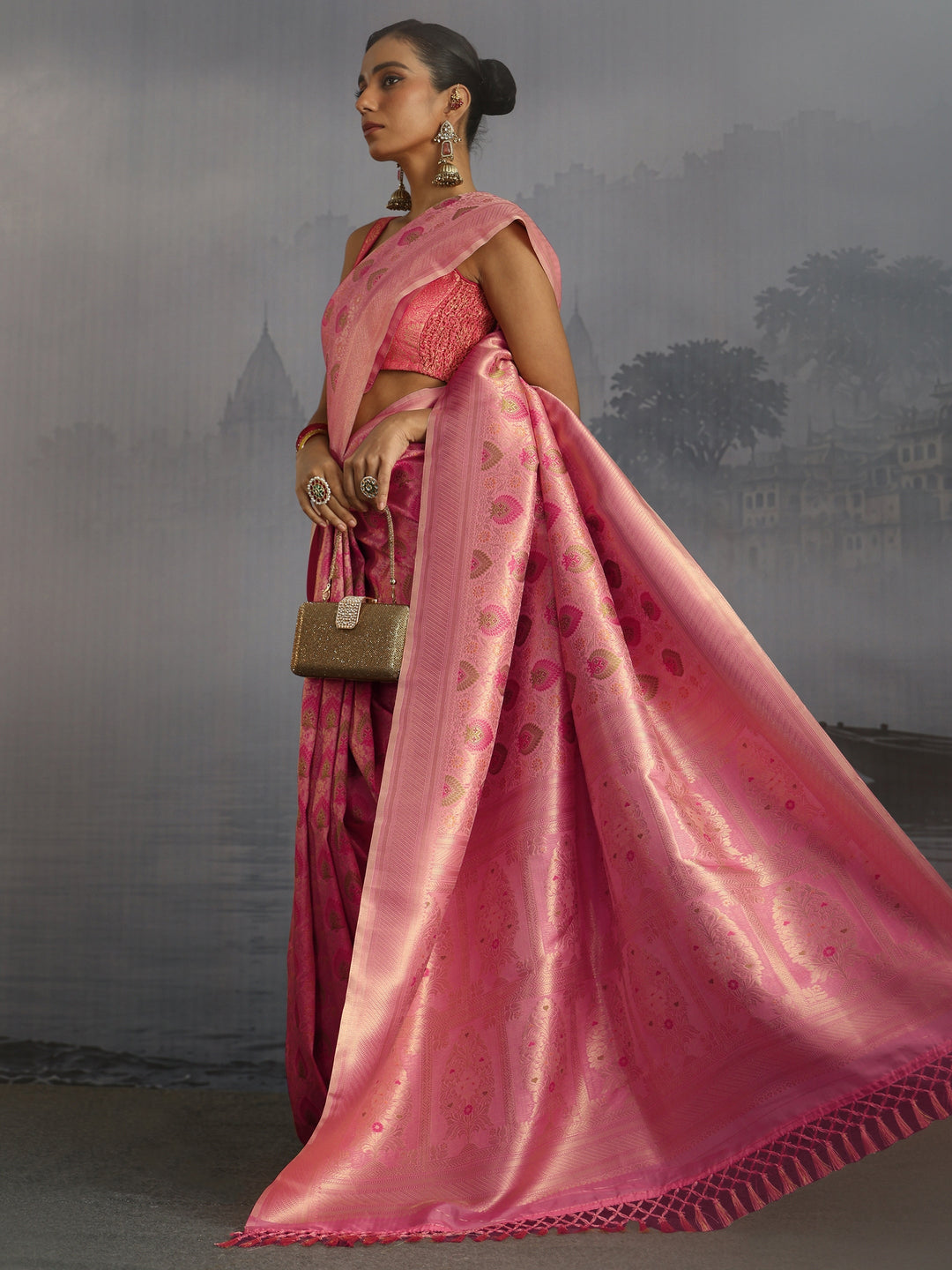 Libas Baby Pink Mughal Woven Design Silk Blend Saree