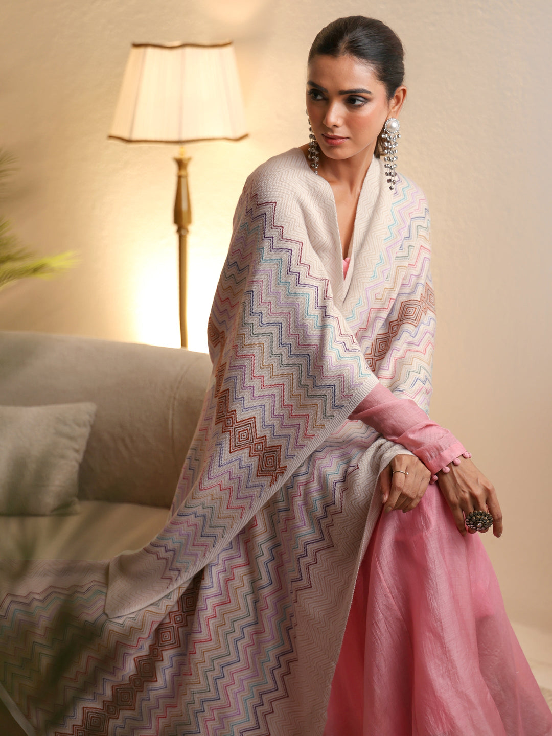 Libas Beige Chevron Knitted Acrylic Wrap Shawl