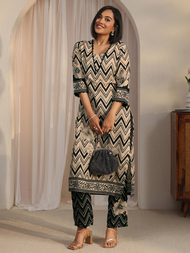 Libas Beige Chevron Printed Cotton Blend Straight Kurta Set