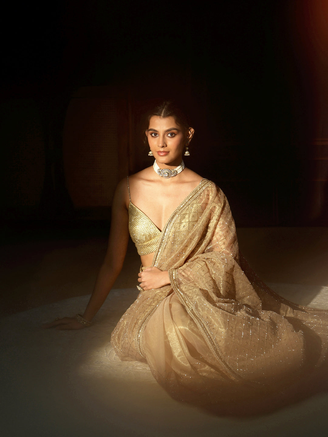 Libas Beige Embellished Jaal Work Net Saree