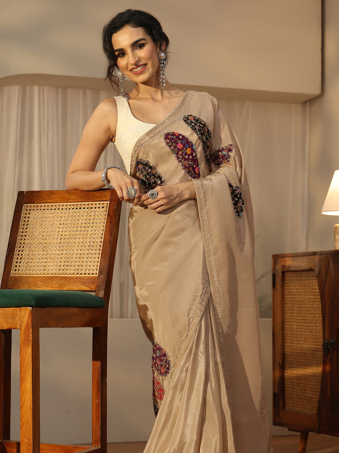 Libas Beige Embellished Satin Saree with Applique Design