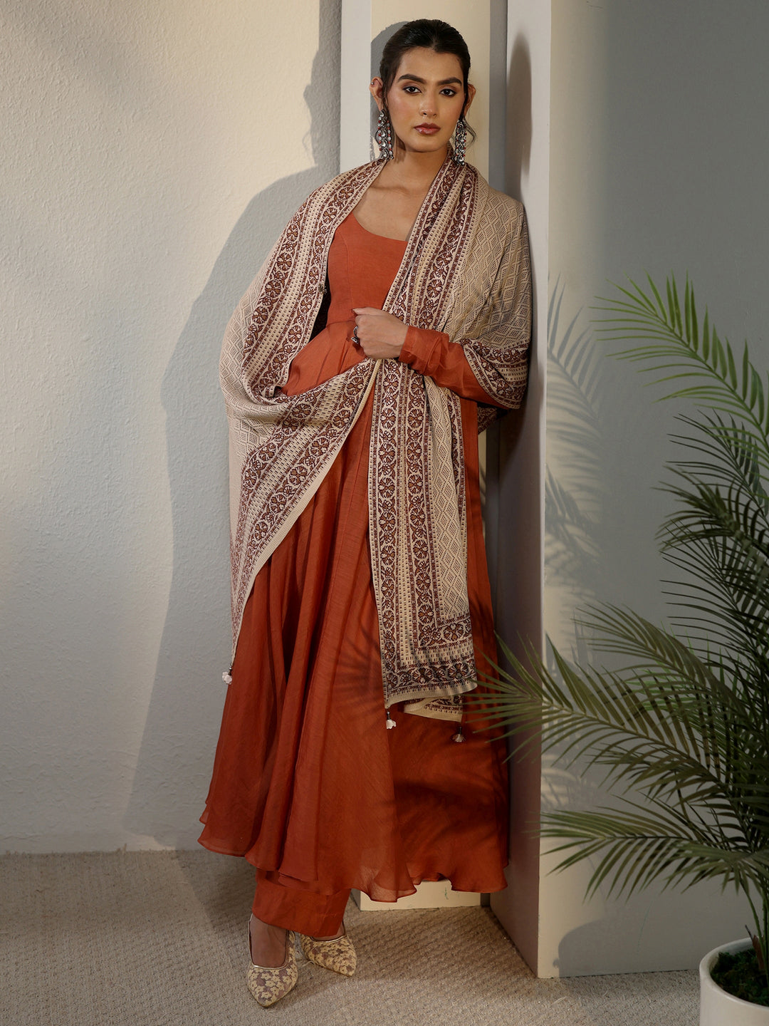Libas Beige Ethnic Embroidered Acrylic Wrap Shawl