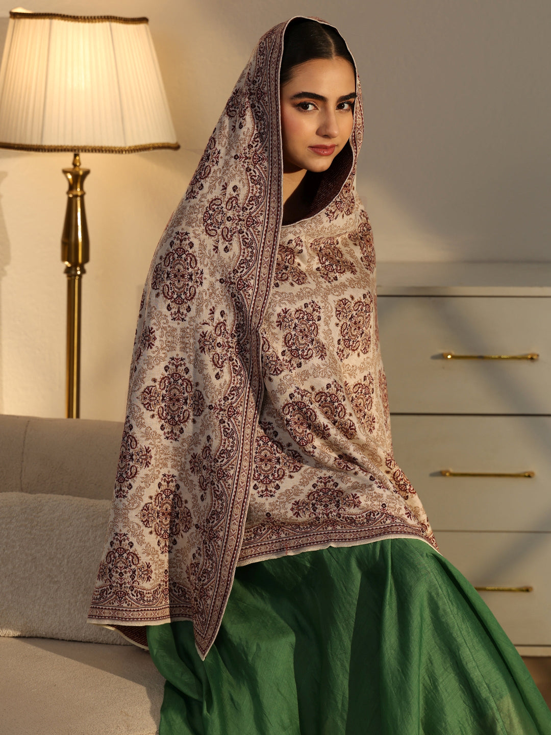 Libas Beige Ethnic Knitted Acrylic Shawl