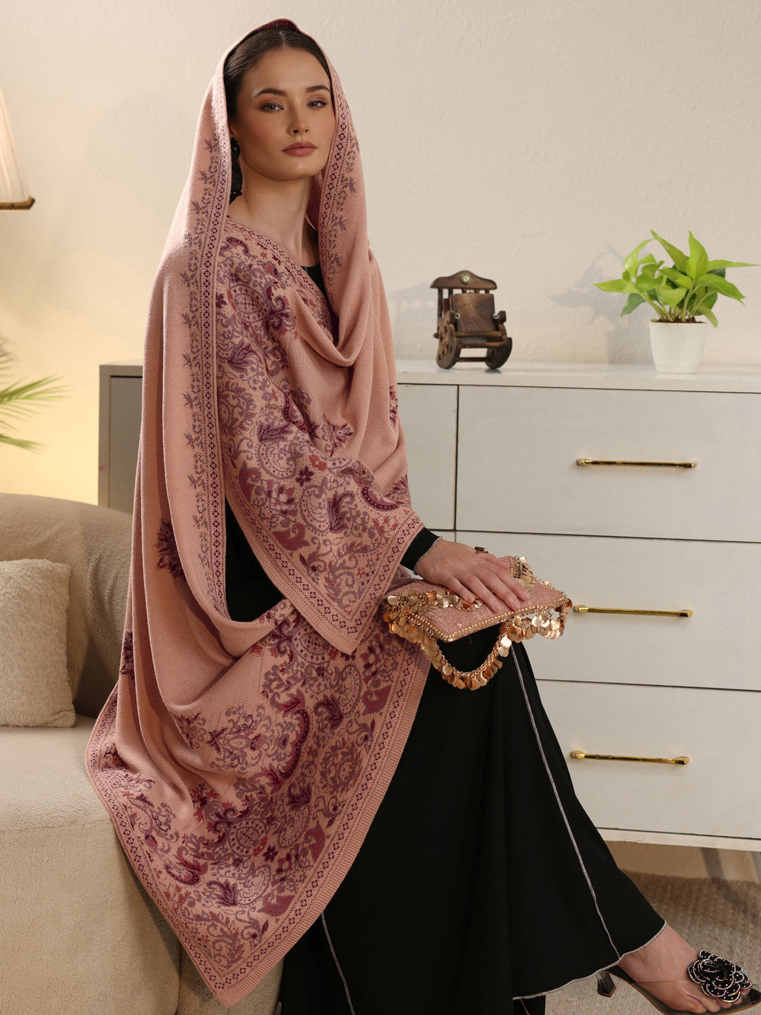 Libas Beige Ethnic Knitted Acrylic Shawl