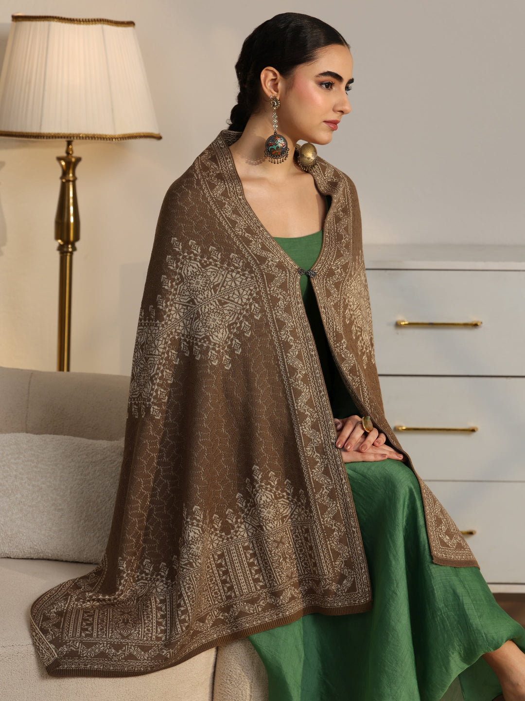 Libas Beige Ethnic Knitted Acrylic Wrap Shawl