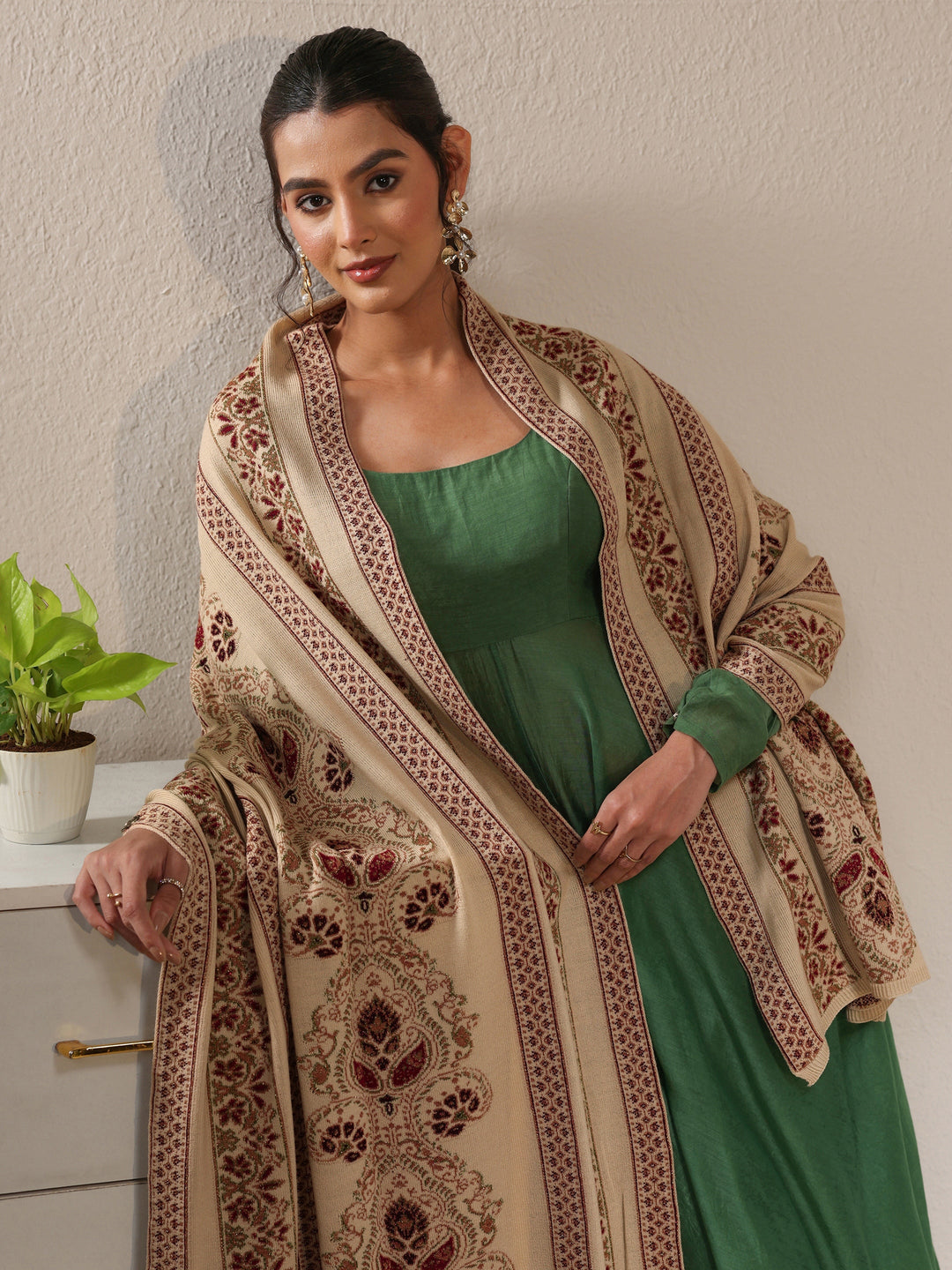 Libas Beige Ethnic Knitted Acrylic Wrap Shawl