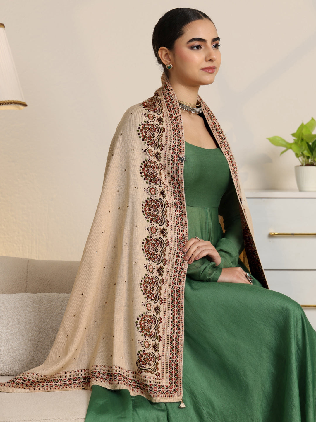 Libas Beige Ethnic Knitted Acrylic Wrap Shawl