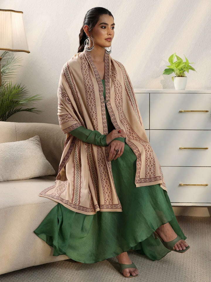 Libas Beige Ethnic Knitted Acrylic Wrap Shawl
