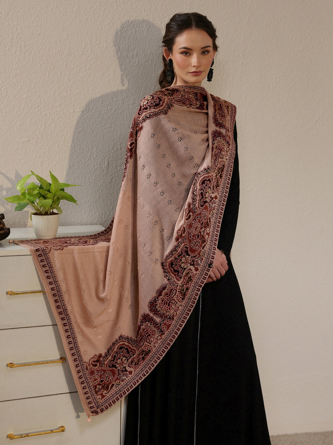 Libas Beige Ethnic Mesh Knitted Acrylic Wrap Shawl