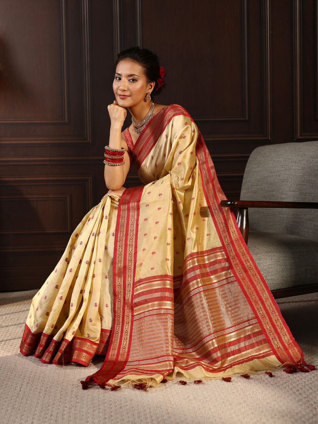 Libas Beige Ethnic Motif Woven Design Silk Blend Saree