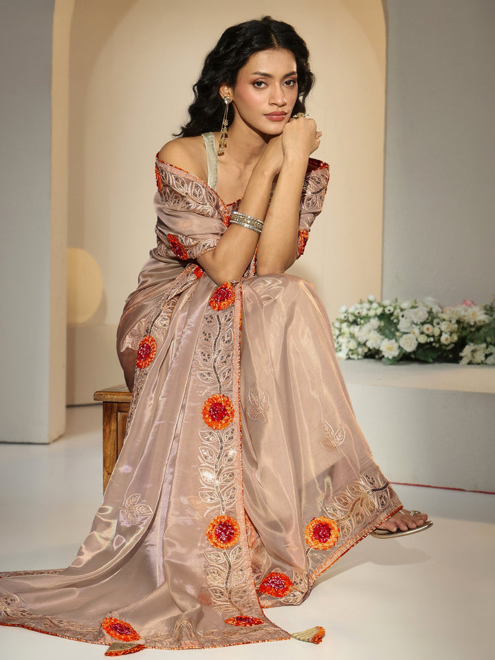 Libas Beige Floral Embellished Tissue Saree