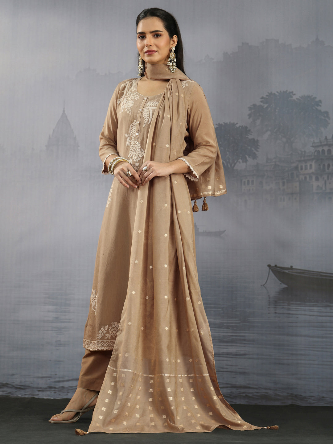 Libas Beige Floral Embroidered Chanderi Silk Straight Suit Set