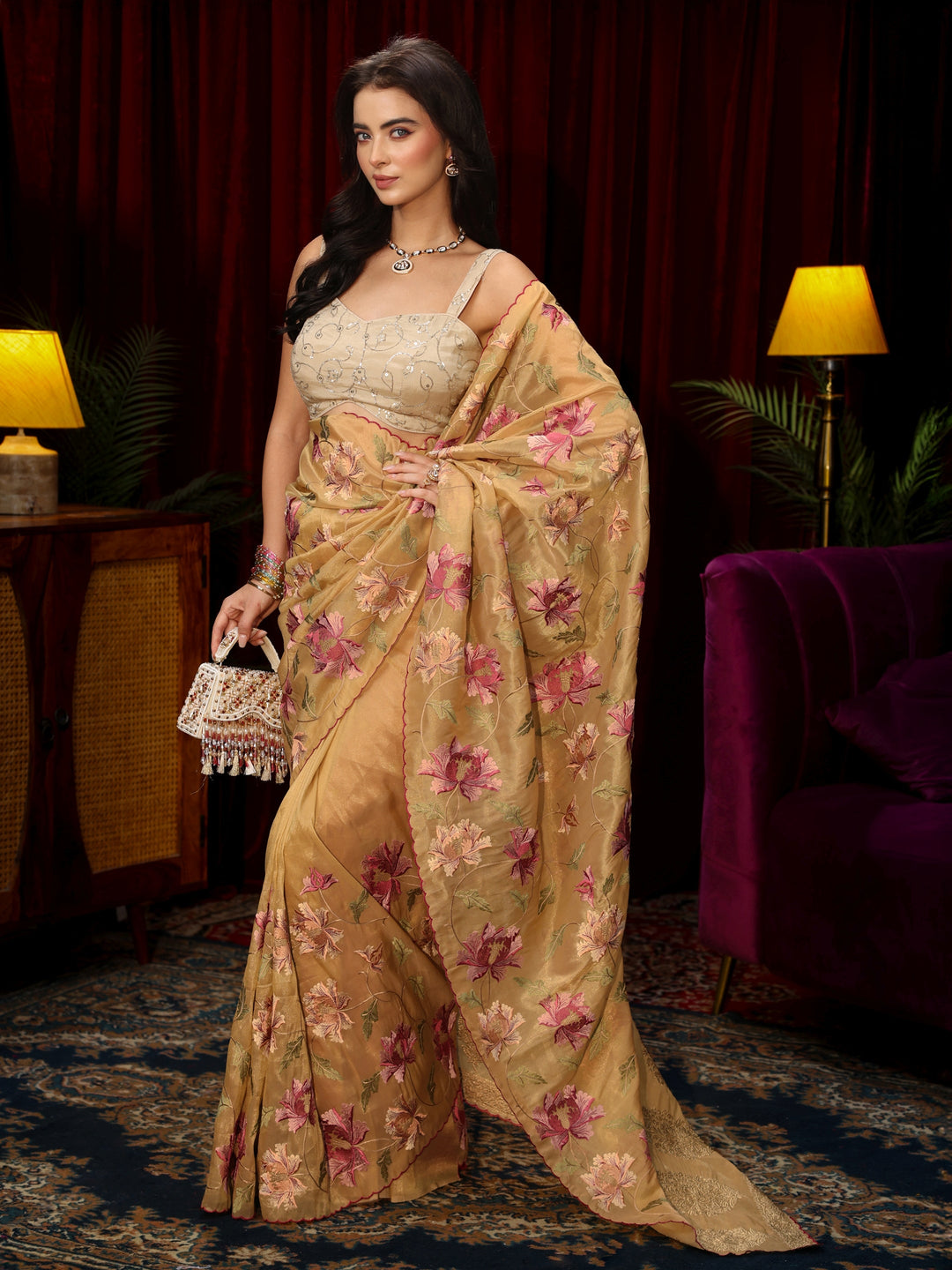 Libas Beige Floral Embroidered Organza Saree