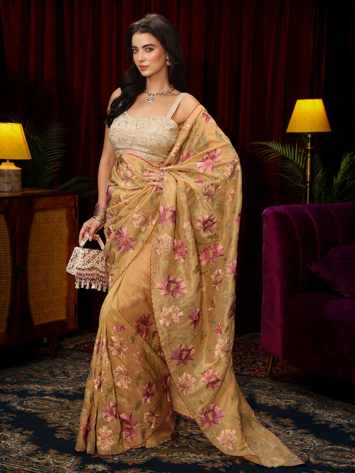 Libas Beige Floral Embroidered Organza Saree
