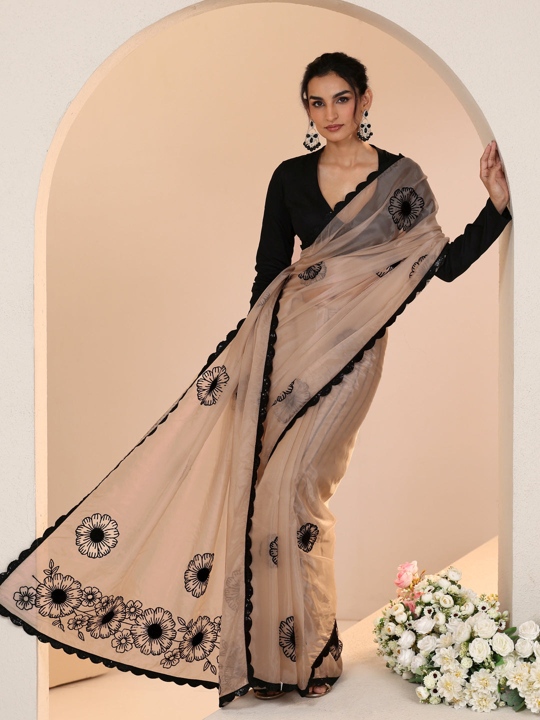 Libas Beige Floral Embroidered Tissue Saree with Scalloped Border
