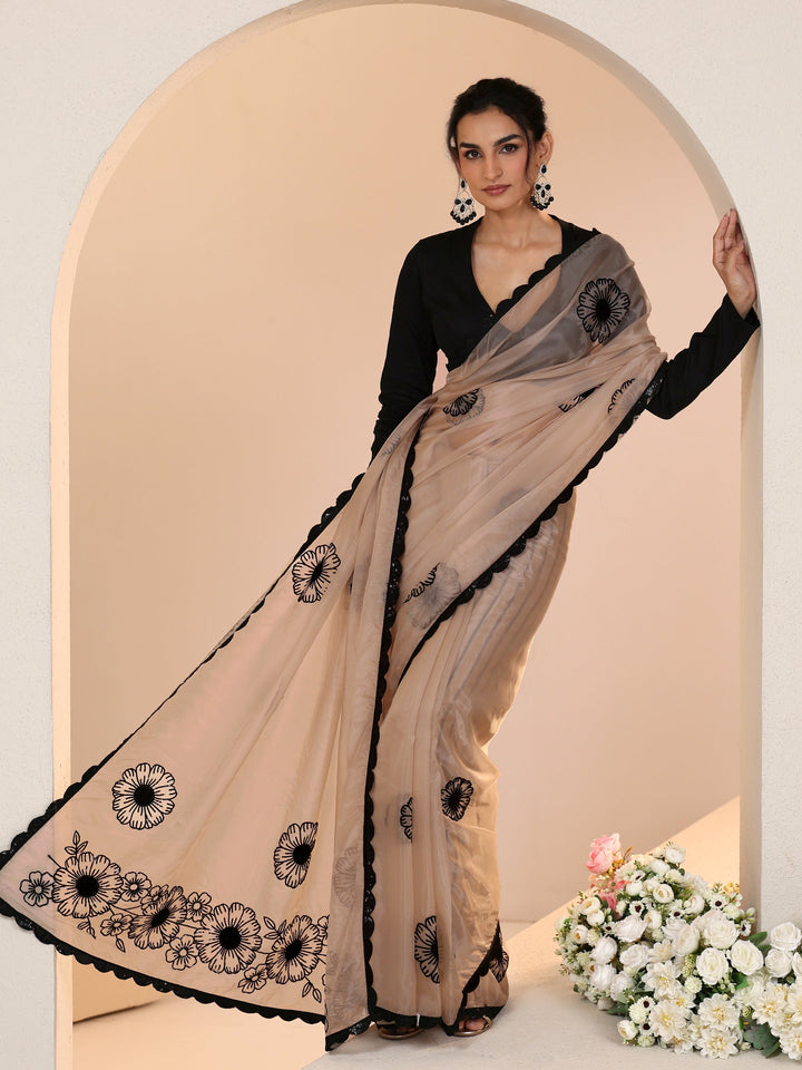 Libas Beige Floral Embroidered Tissue Saree with Scalloped Border