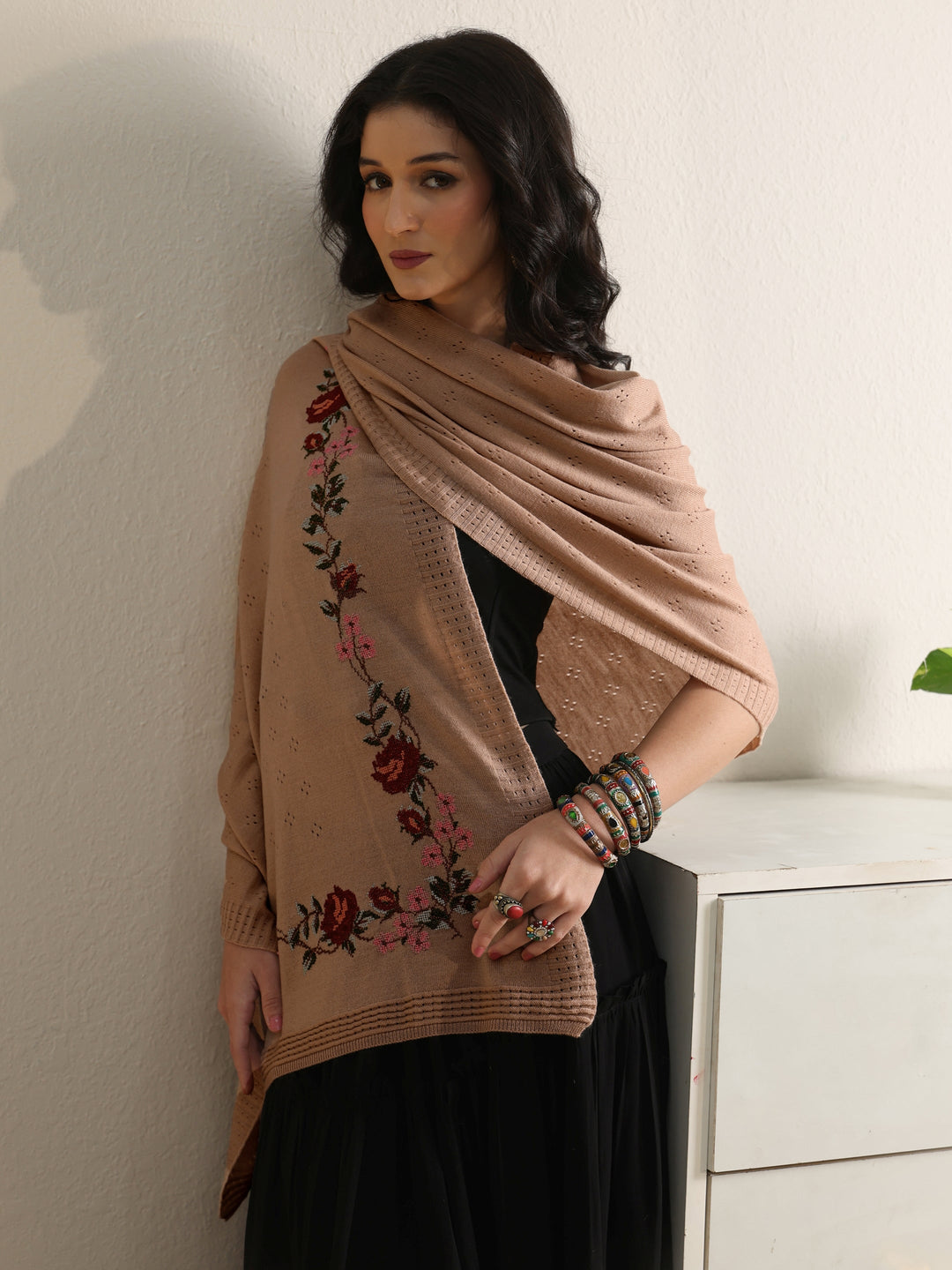 Libas Beige Floral Knitted Acrylic Wrap Shawl