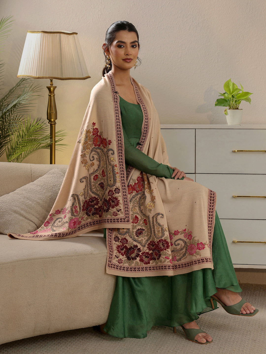 Libas Beige Floral Knitted Acrylic Wrap Shawl