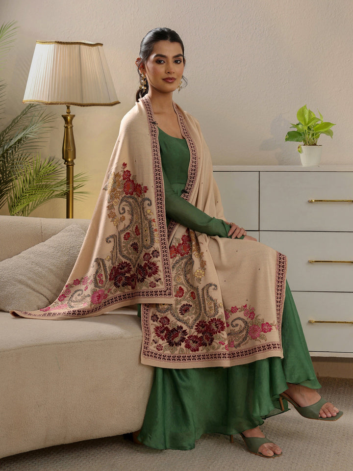 Libas Beige Floral Knitted Acrylic Wrap Shawl