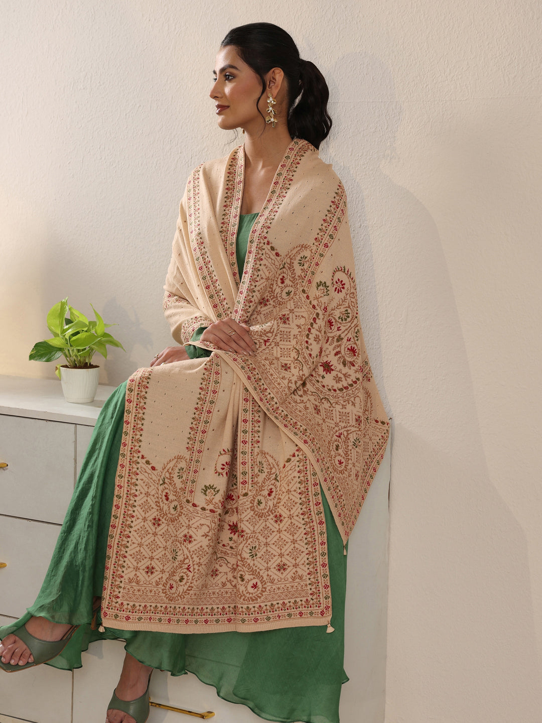 Libas Beige Floral Knitted Acrylic Wrap Shawl