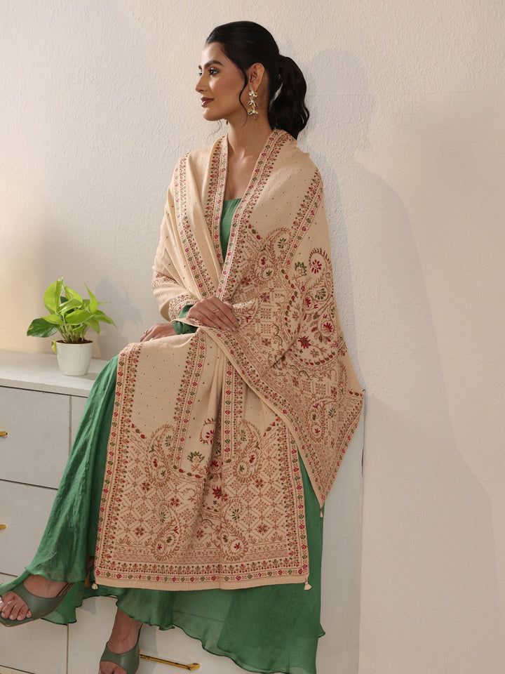 Libas Beige Floral Knitted Acrylic Wrap Shawl