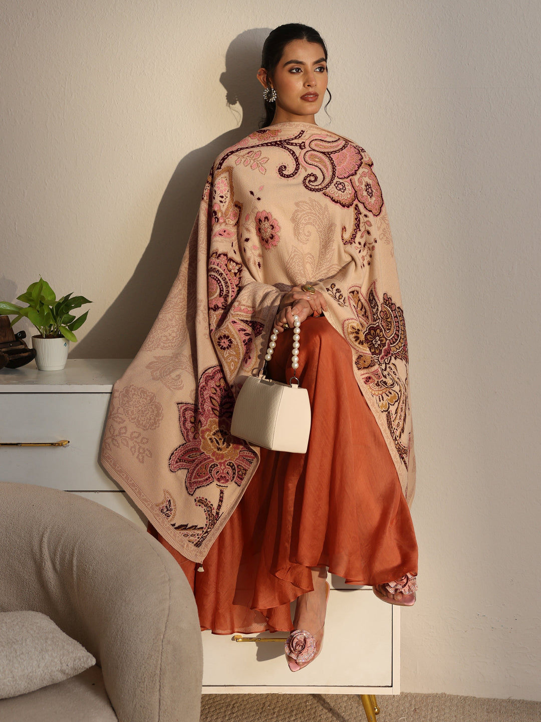Libas Beige Floral Knitted Acrylic Wrap Shawl