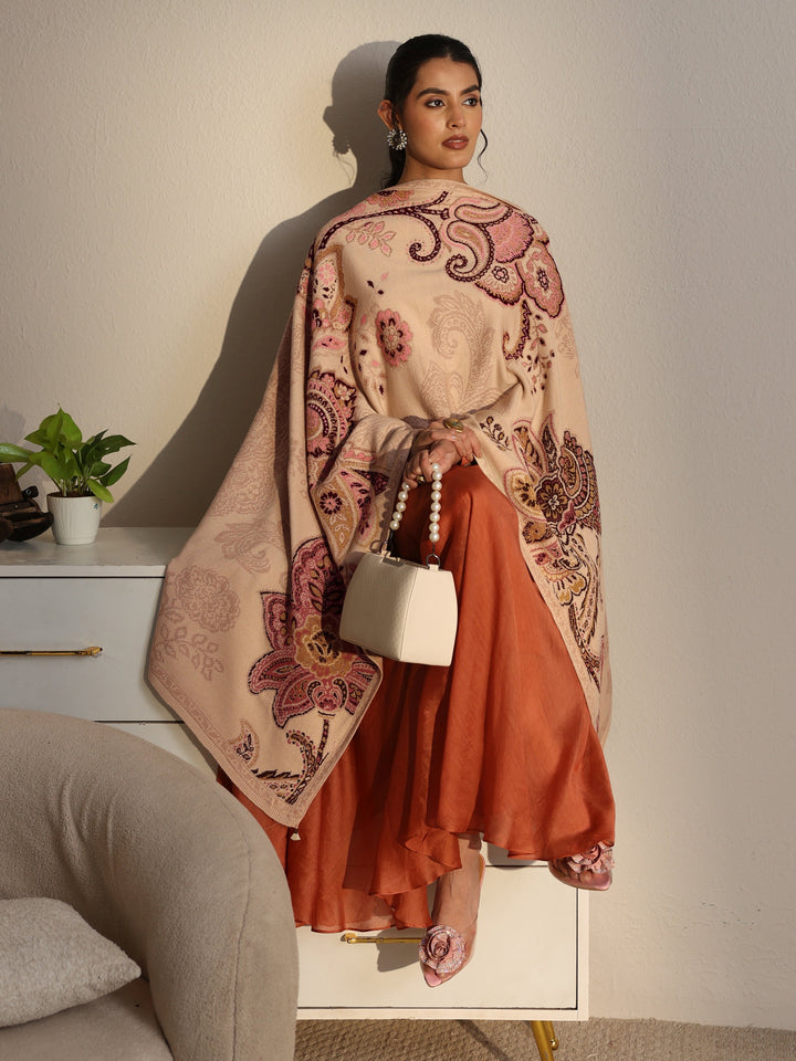 Libas Beige Floral Knitted Acrylic Wrap Shawl