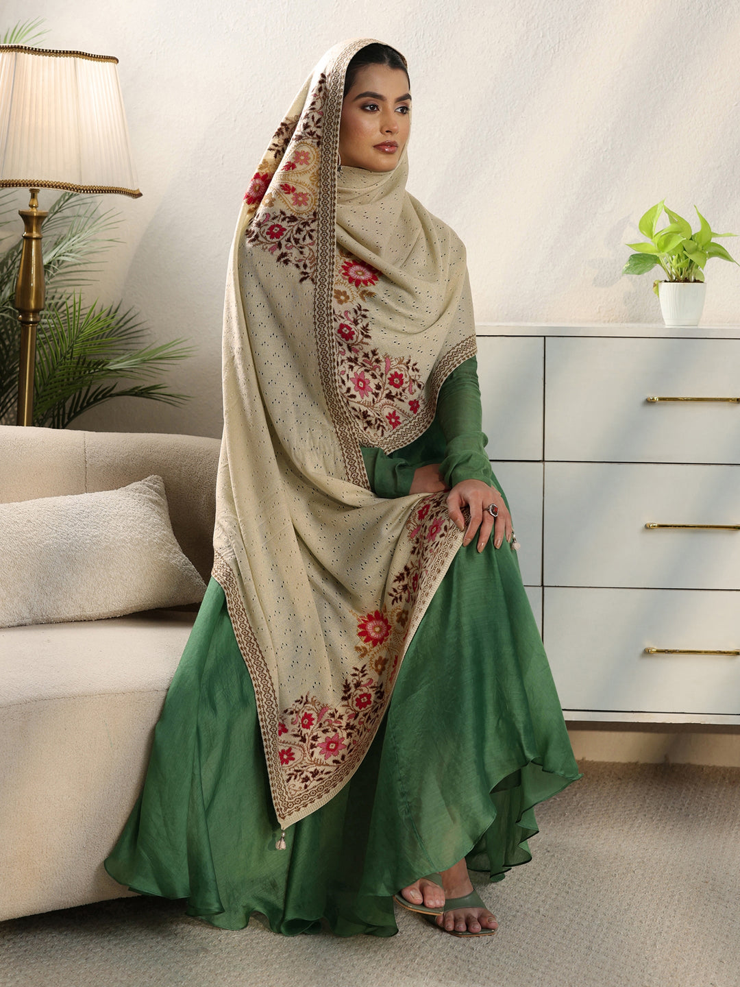 Libas Beige Floral Mesh Knit Acrylic Shawl