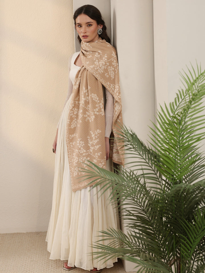 Libas Beige Floral Mesh Knitted Acrylic Wrap Shawl