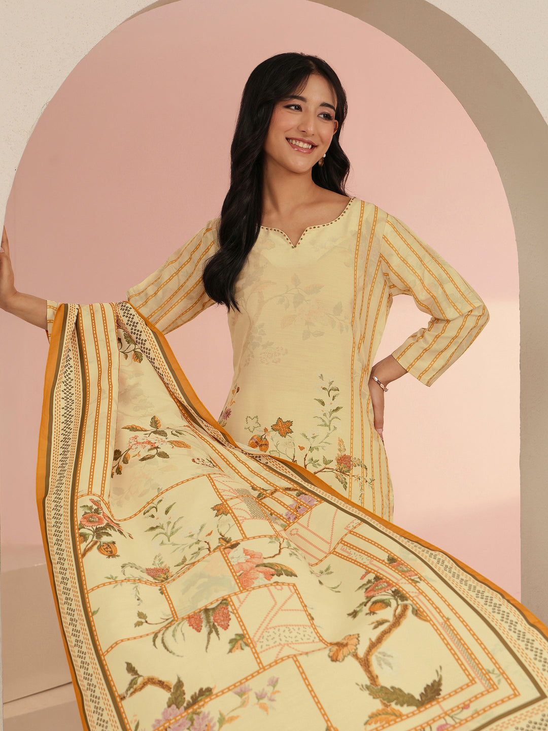 Libas Beige Floral Print Muslin Straight Suit Set