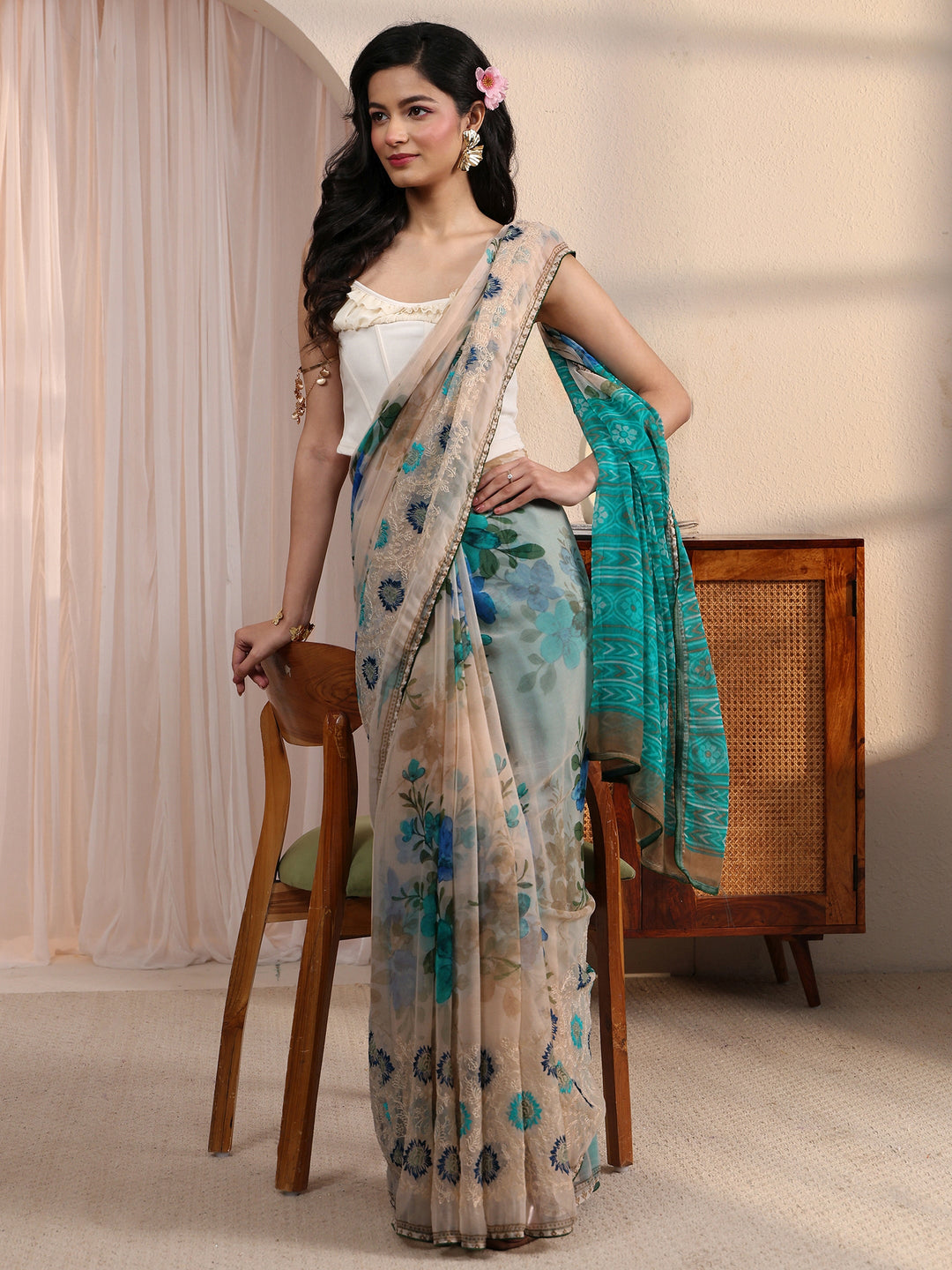 Libas Beige Floral Printed Chiffon Saree