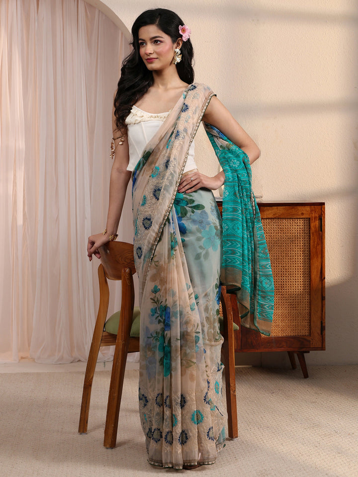 Libas Beige Floral Printed Chiffon Saree