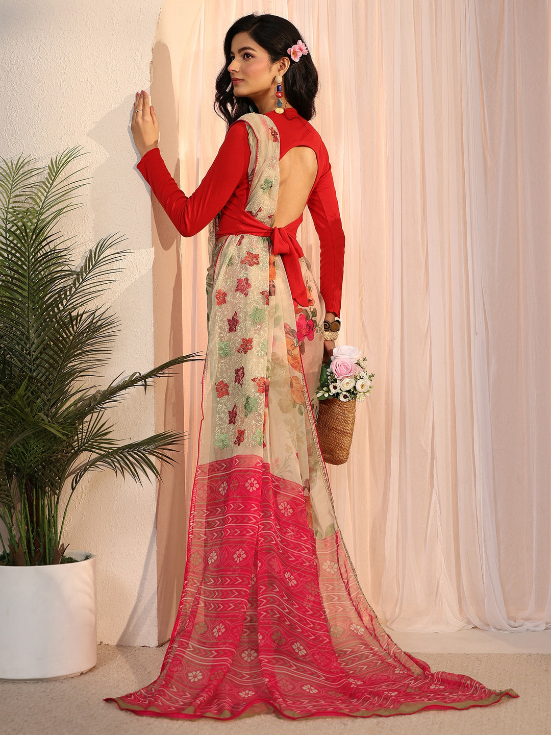 Libas Beige Floral Printed Chiffon Saree