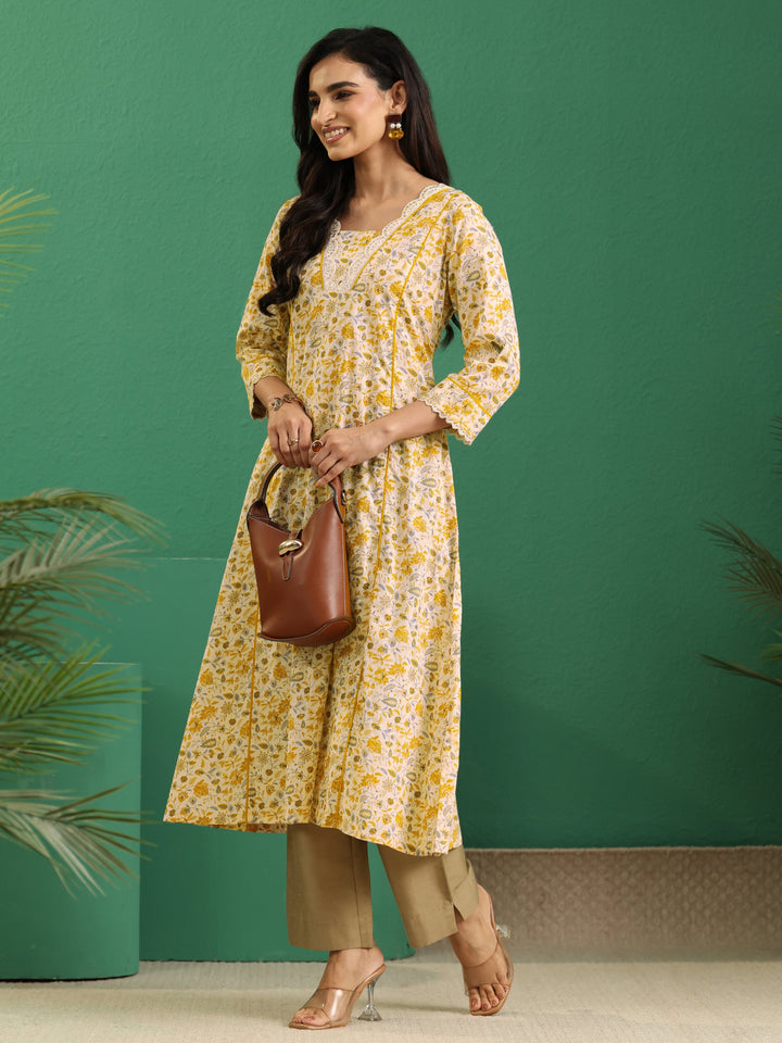 Libas Beige Floral Printed Cotton A-Line Kurta