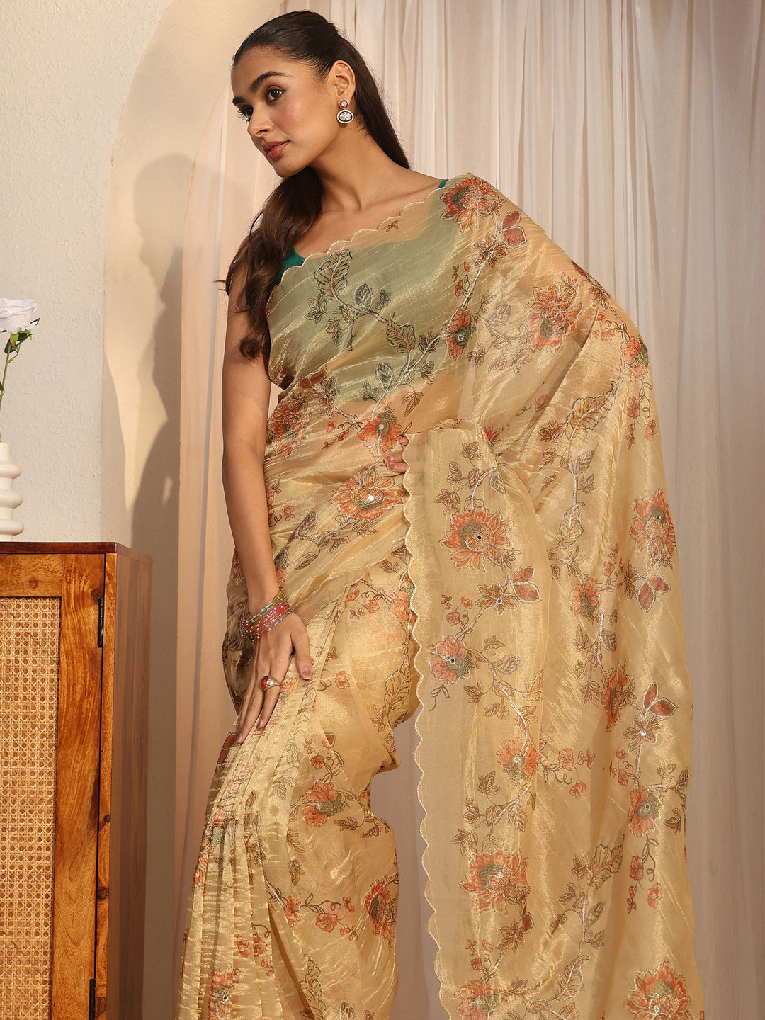 Libas Beige Floral Printed Mirror Work Silk Blend Saree with Scalloped Border
