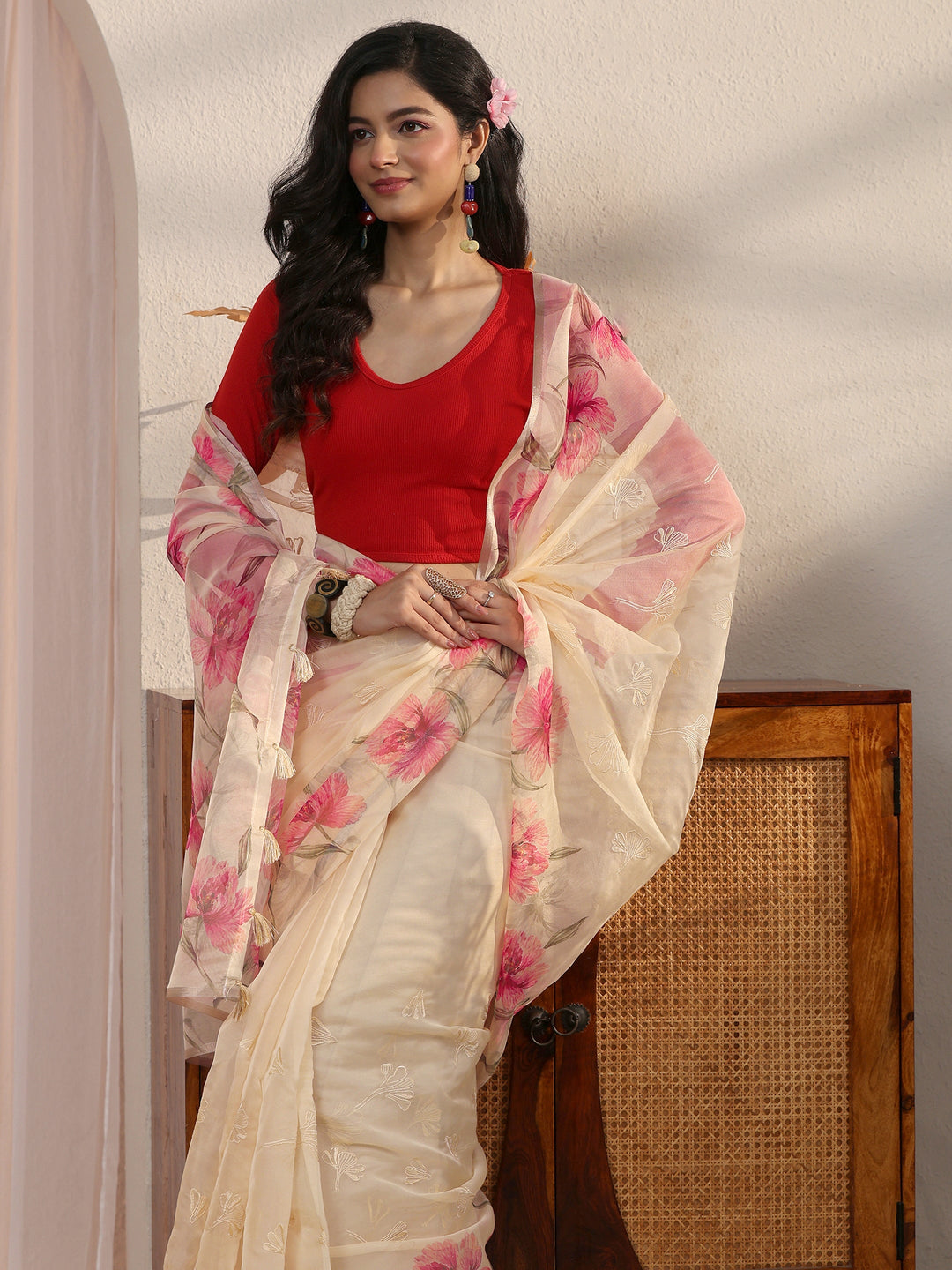 Libas Beige Floral Printed Organza Tassel Saree
