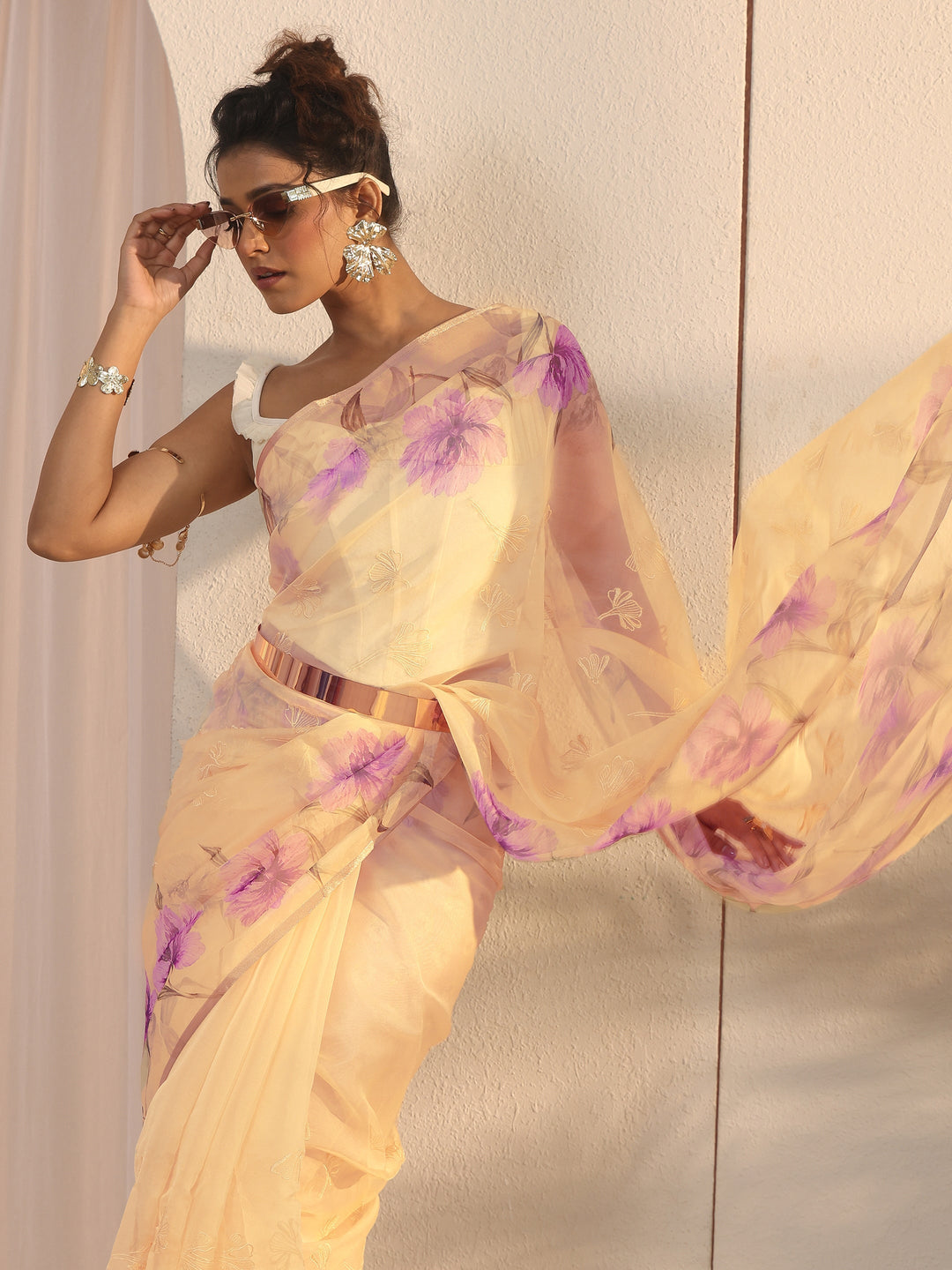 Libas Beige Floral Printed Organza Tassel Saree
