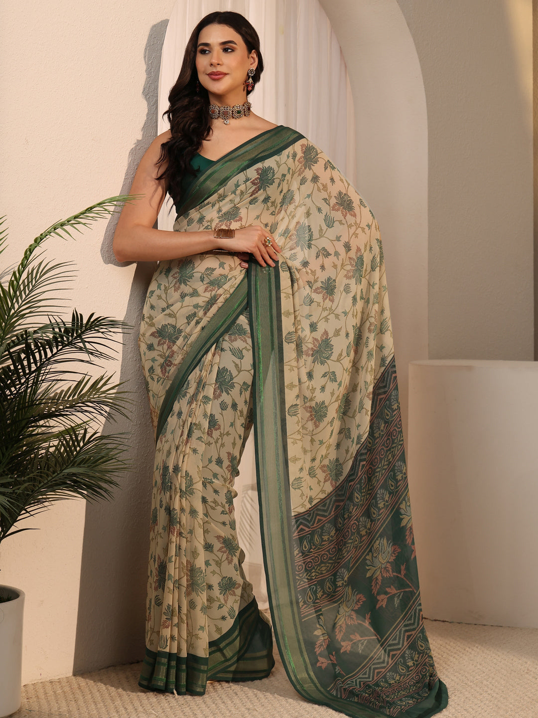 Libas Beige Floral Printed Silk Blend Saree