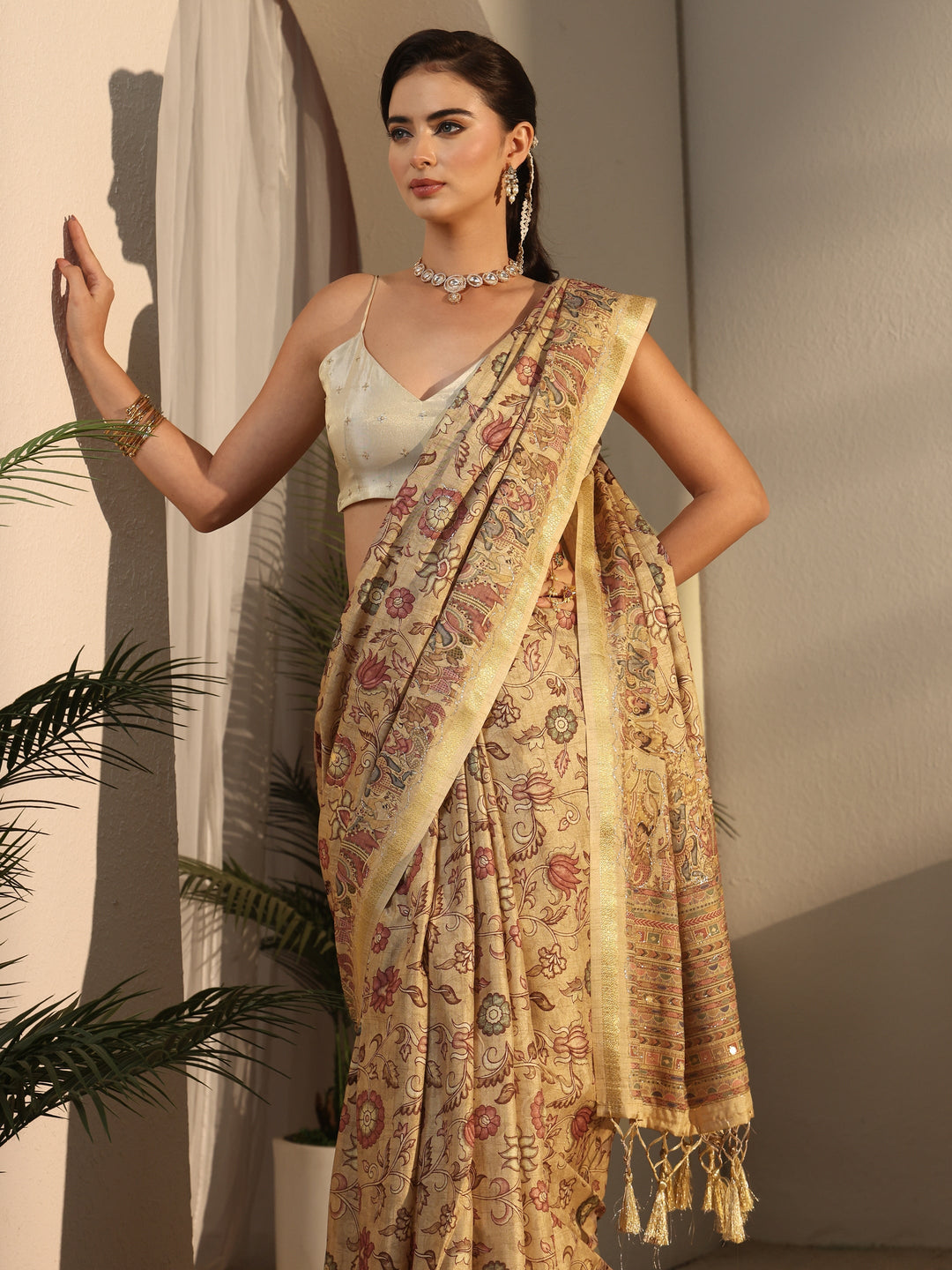 Libas Beige Floral Printed Silk Blend Tassel Saree