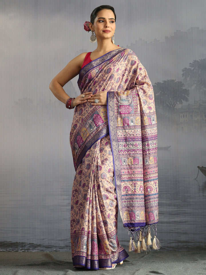 Libas Beige Floral Printed Silk Blend Tassel Saree