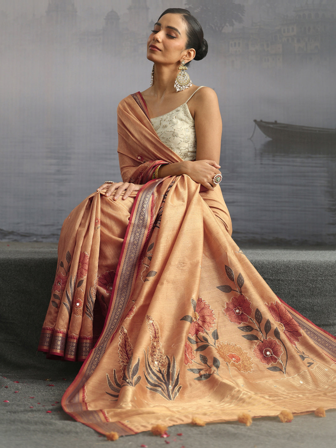 Libas Beige Floral Printed Silk Blend Tassel Saree