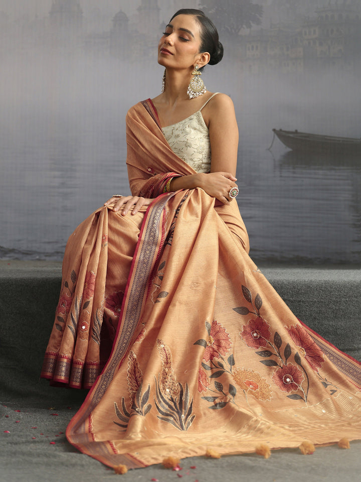 Libas Beige Floral Printed Silk Blend Tassel Saree