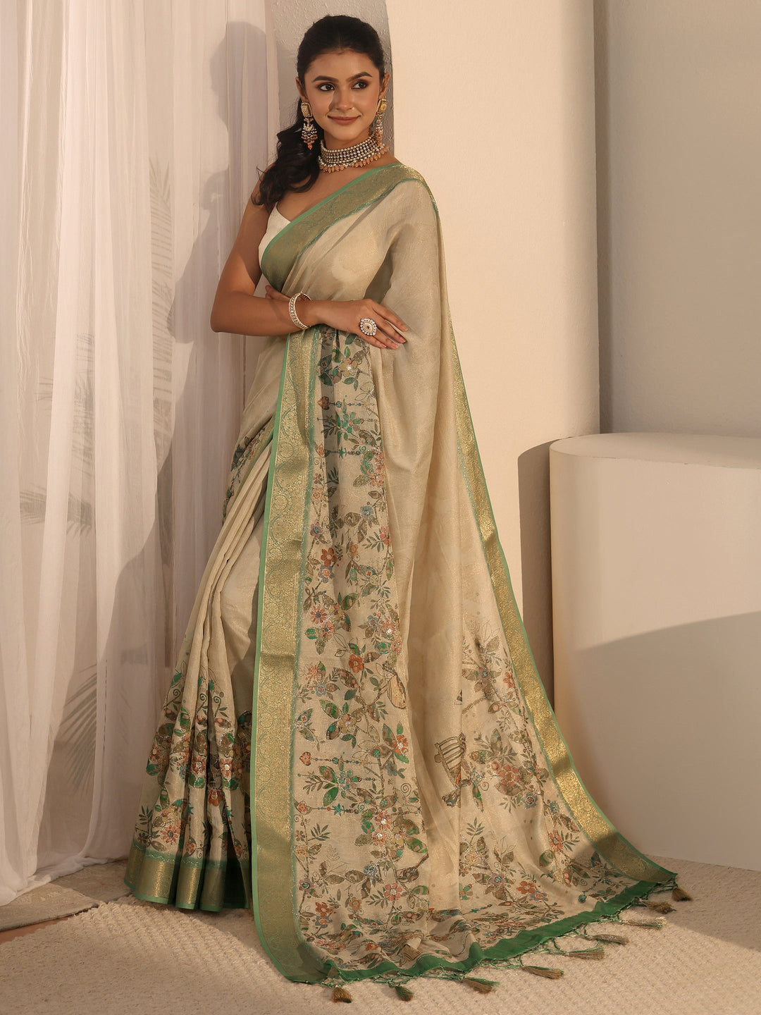 Libas Beige Floral Printed Silk Blend Tassel Saree with Woven Border